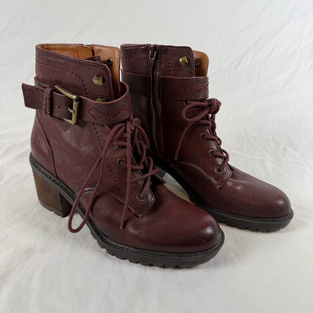 Zodiac Gemma Burgundy Leather Combat Boots Lace Up Side Zip Block Heel Mens 7.5M
